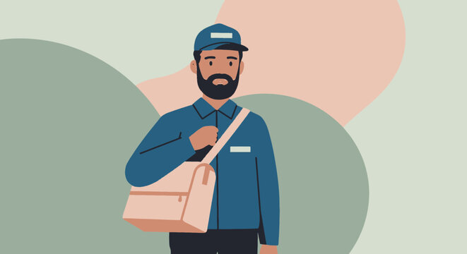 An illustration of a professional male postman wearing a uniform and cap, carrying a satchel against a modern abstract background.