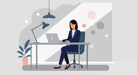 A modern businesswoman sits at her desk, focused on her laptop, in a stylish office setting, working diligently, illuminated by soft lighting, and surrounded by minimalist design.
