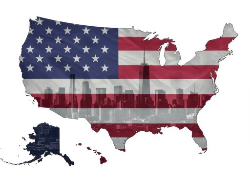 The usa map is filled with the american flag and city skyline