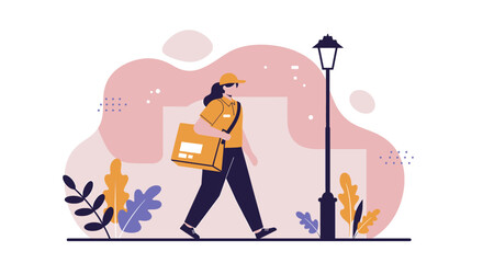 a delivery person in uniform carrying a package, walking on a sidewalk with a street lamp in the background. Suitable for landing page, banner, marketing, web design, presentation, infographic, etc.