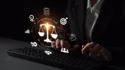 Futuristic digital law interface displaying justice scale, highlighting digital law, AI compliance,...