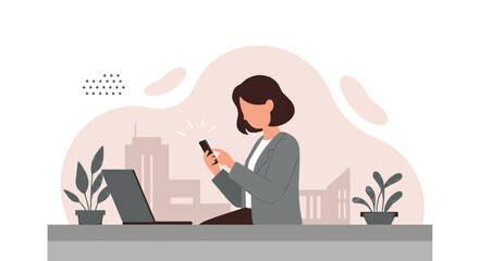 a woman seated at a desk, focused on her smartphone, with a cityscape in the background. Suitable for landing page, banner, marketing, web design, presentation, infographic, etc.