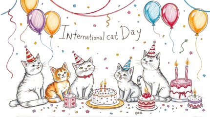 International Cat Day Celebration with Party Hats, Balloons, and Cakes – Cute Cartoon Cats