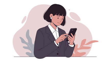 a woman in a business suit using a smartphone, with a light pink background and stylized plant shapes. Suitable for landing page, banner, marketing, web design, presentation, infographic, etc.