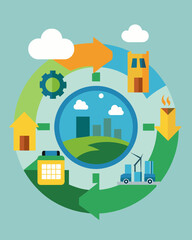 A circular diagram depicting the various steps in the circular economy model from production to reuse recycling and finally regeneration highlighting the importance of resource. Vector illustration