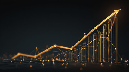  finance Abstract black background uptrend arrow with candlesticks and bar chart show innovation of economy business statistics with Earth network with glowing nodes and triangle polygon linesIt