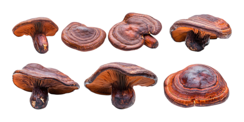 Pack Collection Closeup of Reishi Mushrooms A Detailed View of Medicinal Fungi set against transparent background