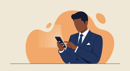 a man dressed in a suit, holding a smartphone, with a light orange background. Suitable for landing page, banner, marketing, web design, presentation, infographic, etc.