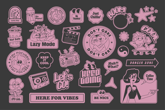 retro cartoon stickers set, vector illustration