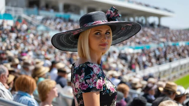 Elegant woman in floral dress and wide hat at horse racing event with large crowd in background outdoors