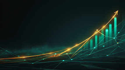  finance Abstract black background uptrend arrow with candlesticks and bar chart show innovation of economy business statistics with Earth network with glowing nodes and triangle polygon linesIt