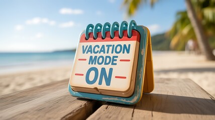 Vacation mode on sign on a wooden table at a tropical beach