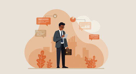 a man in a suit standing in front of a citysca