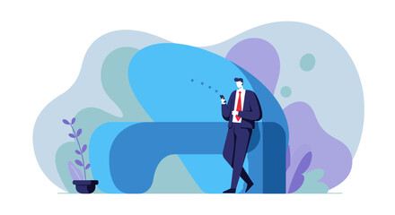 a man in a suit standing next to a blue and purple background