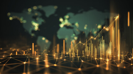  finance Abstract black background uptrend arrow with candlesticks and bar chart show innovation of economy business statistics with Earth network with glowing nodes and triangle polygon linesIt