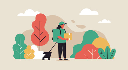 A modern flat illustration depicts a dedicated delivery person holding a package and pulling a small cart through a stylized outdoor landscape.