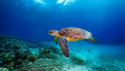 Obraz premium green sea turtle swimming in clear blue tropical water n underwater marine life