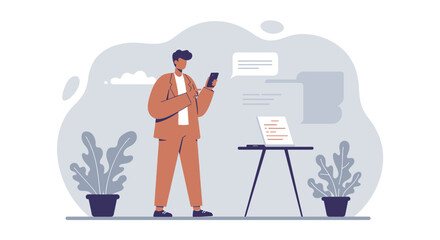 a man standing in front of a whiteboard with a phone