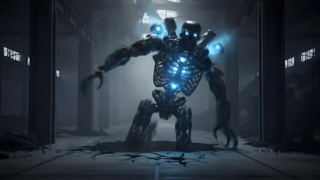 Terrifying mechanical robot rising from cracked warehouse floor in dim light