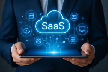 Man holding tablet with saas cloud icon and digital network in a suit against a dark background