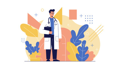 a doctor standing in front of plants, with geometric shapes and abstract patterns surrounding him. Suitable for landing page, banner, marketing, web design, presentation, infographic, etc.