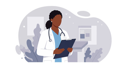 An illustration depicts a female doctor with dark skin, wearing a white coat and stethoscope, holding a clipboard, in a modern medical office setting.