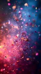 Stylized neon confetti shapes fly in dynamic colorful motion