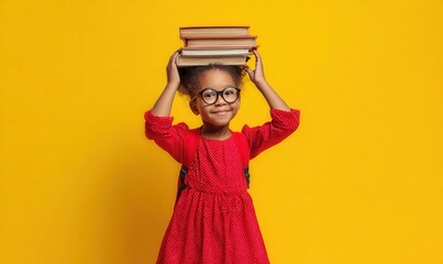 african american girl in red dress holding books on yellow background