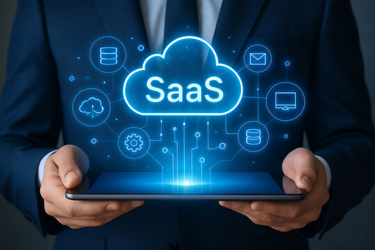 Man holding tablet with saas cloud icon and digital network in a suit against a dark background