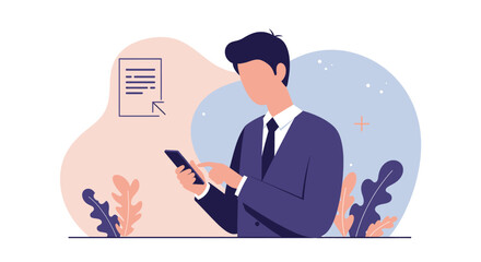 a man in a suit using a smartphone, with a document icon above him and plants in the background. Suitable for landing page, banner, marketing, web design, presentation, infographic, etc.