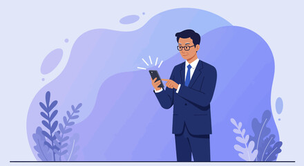 A man in a suit is standing outdoors, focused on his smartphone, which is held in his hand. Suitable for landing page, banner, marketing, web design, presentation, infographic, etc.