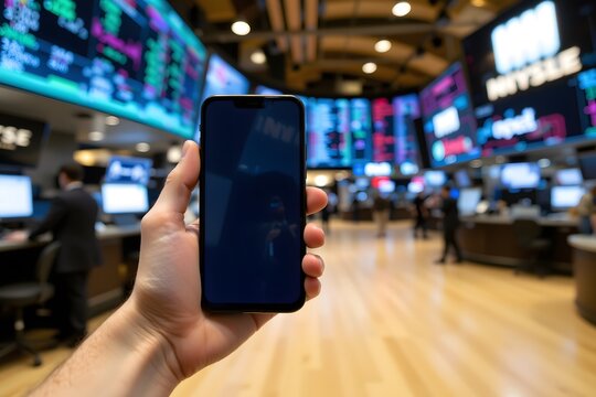 Market Insights: A hand holding a smartphone, capturing real-time market data with electronic displays in the background, symbolizing the evolving landscape of financial technology.