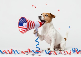 Jack russell terrier with a megaphone isolated on white background