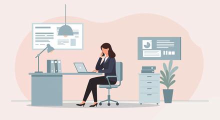 A woman is seated at a desk in an office, engaged in a phone conversation while working on a laptop. Suitable for landing page, banner, marketing, web design, presentation, infographic, etc.