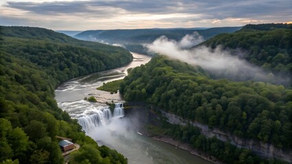 An aerial view of a scenic waterfall cascading down a cliff into a lush green forest river valley