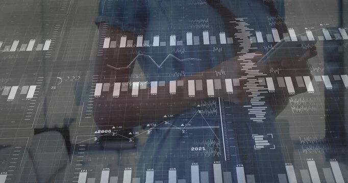 Opening phone app animating bars into charts then woman tapping scrolling updating business charts