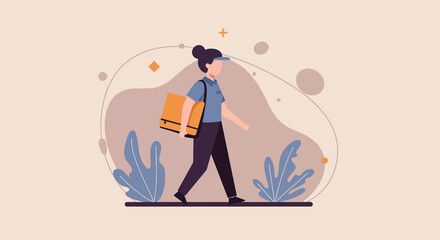A delivery woman walking with a package in a modern, flat vector illustration with soft colors and abstract shapes, conveying efficiency and service.