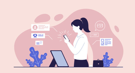 a woman sitting at a desk with a laptop and a phone