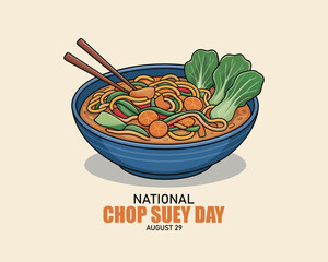 National Chop Suey Day flat cartoon illustration. Bowl with noodles and vegetables icon vector. American Chinese food. August 29. Isolated food art.