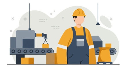 An illustration of a factory worker in a yellow uniform and hard hat, overseeing the production line with boxes and machinery in a modern industrial setting.