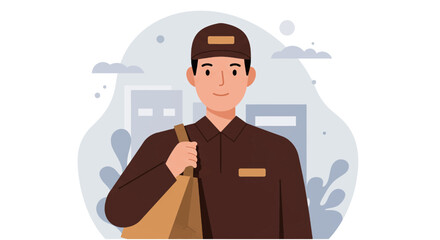 A friendly male delivery service worker in a brown uniform and cap carries a shoulder bag with abstract city buildings in the background, representing efficient logistics.