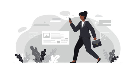 a woman walking with a briefcase and a phone