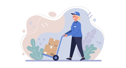 a delivery person in uniform pushing a cart filled with packages. Suitable for landing page, banner, marketing, web design, presentation, infographic, etc.