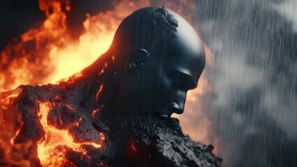 Stone shell disintegrates, revealing a man. Symbol of transformation and purification. Fire and rain. Powerful metamorphosis: lava and stone fall from the figure, revealing a human form in the rain.