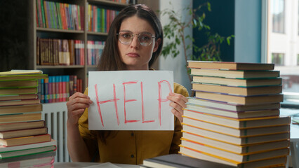 Sad worried tired exhausted girl Caucasian woman high school student teacher helpless stressful...