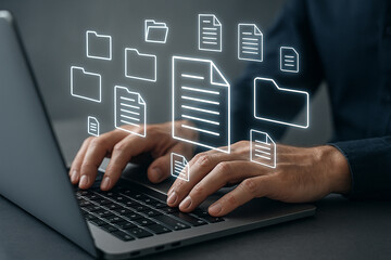 Obraz premium Digital document management system using laptop for file storage and data organization online now 100