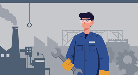 A cartoon illustration depicts a factory worker holding a wrench in front of an industrial plant, symbolizing manufacturing and engineering.