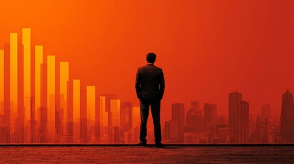 A stress businessman in frustration as a red bar graph. Financial crisis and recession. Risk to unemployment, economic downturn and uncertainty. Business and life difficulties. Red ambience.