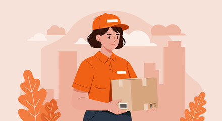 A cheerful delivery person, wearing an orange uniform and cap, carries a cardboard package in a stylized illustration with a cityscape background and autumnal color scheme.
