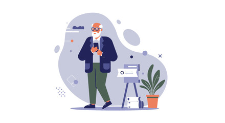 a man in a suit and glasses standing next to a plant